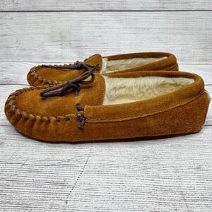 Minnetonka Kids size 3 Moccasins Slippers Brown Suede‎ Leather Lined Shoes